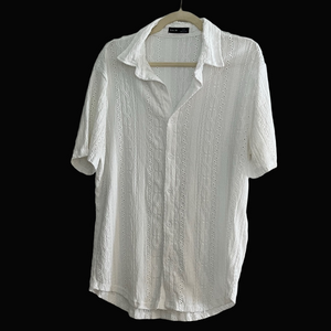 White Textured Lace Casual Button Down Shirt